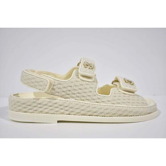 Chanel 22S Ivory White Knit CC Logo Mule Slide Strap Flat Dad Teva Sandal 37.5 - Picture 1 of 11